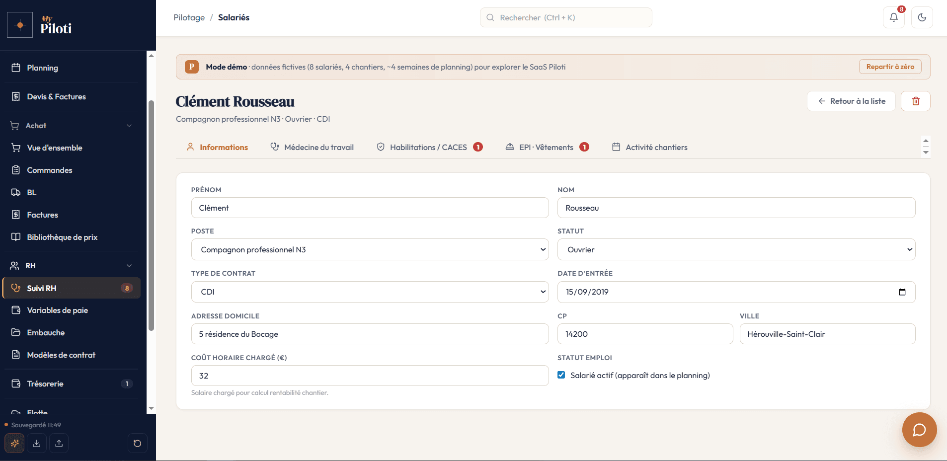 Fiche salarié Piloti, informations, médecine du travail, habilitations CACES, EPI et vêtements, activité chantiers